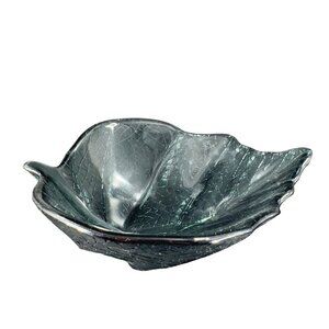 Dynasty Gallery Art Glass Leaf Dish Bowl Fused Dark Smokey Green Glass W Sticker